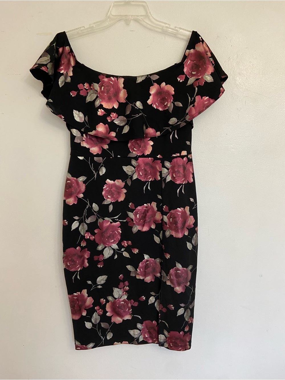 Off-Shoulder Black Floral Dress Metallic Rose Print midi length form fitting